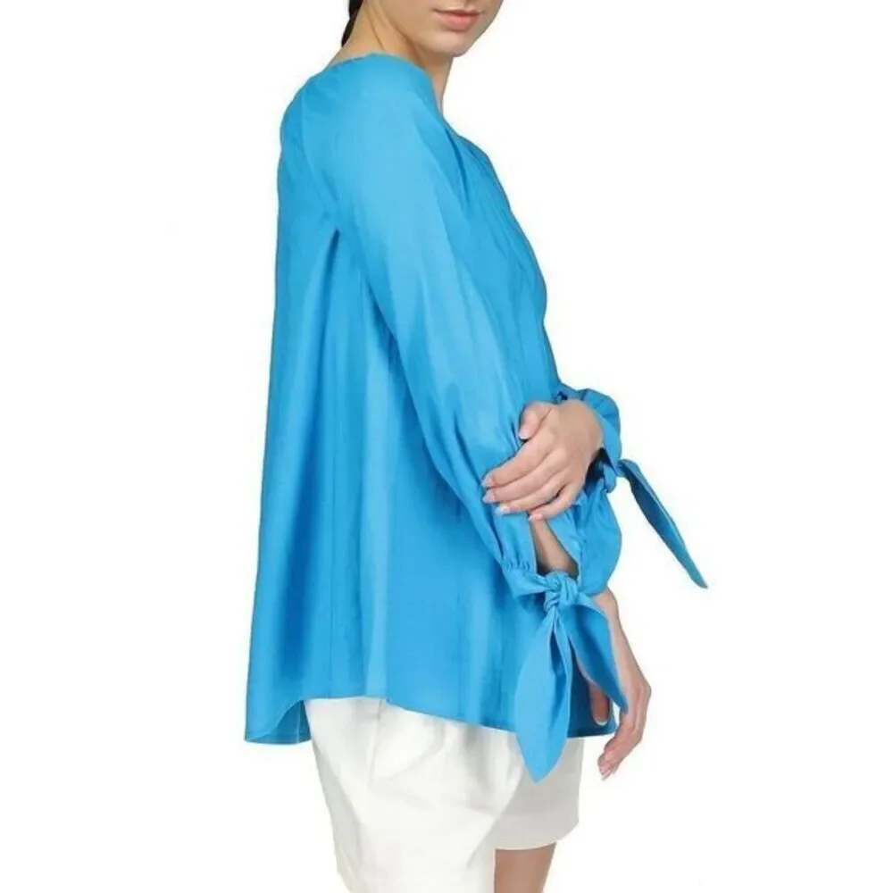 Michael Kors Blue Off Shoulder Tie Sleeve Blouse Boho Peasant Top size M